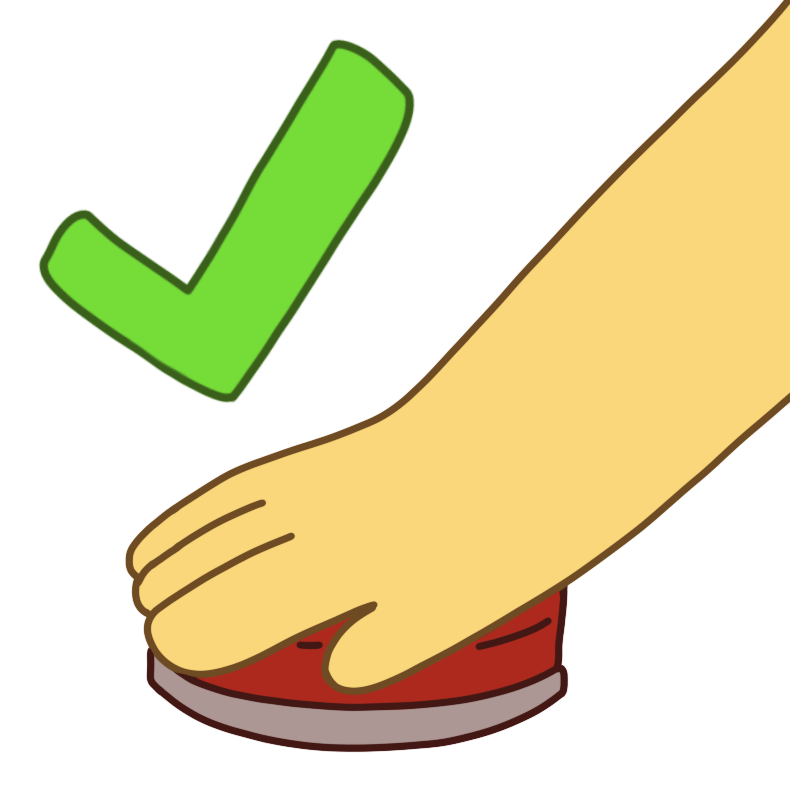  a yellow hand pressing a big red button with a green checkmark above it